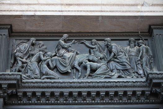 16 February 2015 St. Petersburg  Russia  of entry of Jesus in Jerusalem Palm Sanday sculpture on St. Isaac's Cathedral