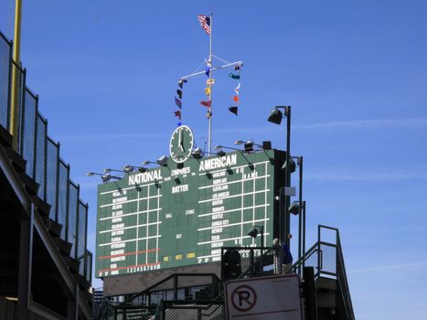 Famous Wrigley Field scoreboard at the baseball home of the Chicago Cubs.