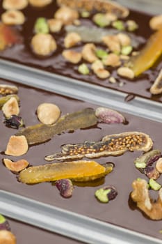 Ingredients for preparation of artisanal chocolate bar with dried fruits