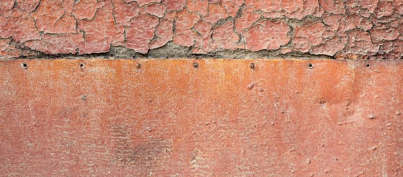 Old orange paint wood and rusty iron surface texture.