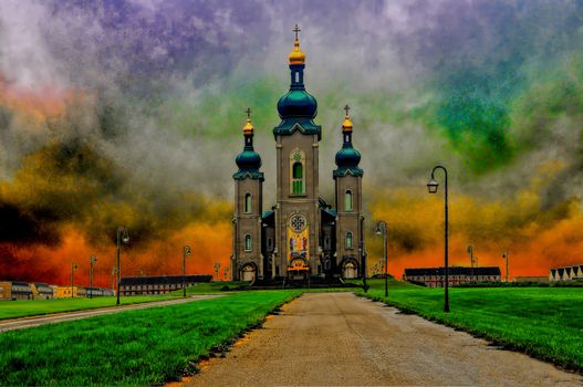 Church in red with black clouds sunset bright color contrasts with the dark gray buildings