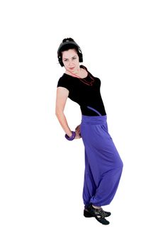 Isolate against white background. Girl doing exercises dancing to the music 