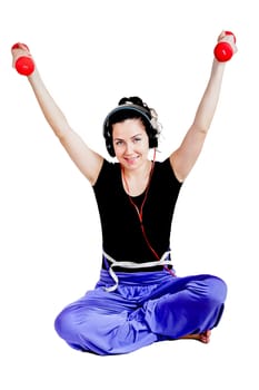 Isolate against white background. Girl shows how she plays sports with dumbbells and it helps her life; in good shape. 