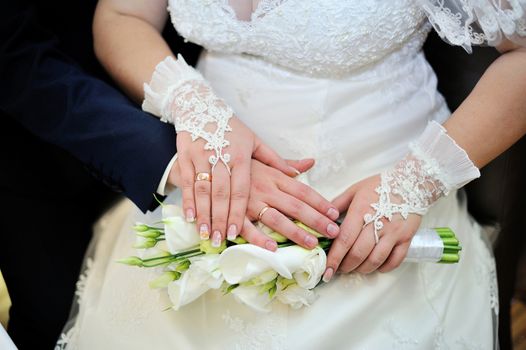 Bride and groom holding hands with wedding rings.