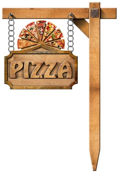 Wooden sign with metal frame and text pizza, slices of pizza on cutting board. Hanging from a chain on wooden pole and isolated on white
