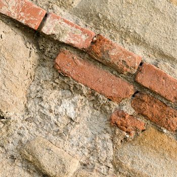 Very old downfallen brick wall of ancient building. 