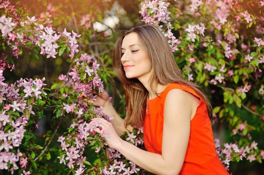 Spring , Summer beauty. Young woman posing on a Flower Glade. Horizontal, Outdoor shot. Colorfully photography.