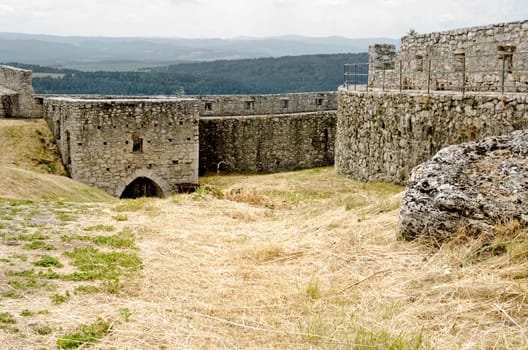 Stone gothic walls and castle port, mist above forest in the background. 