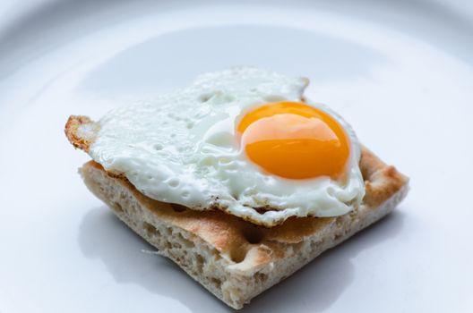 Quail egg as fried egg with toast on a white plate.
