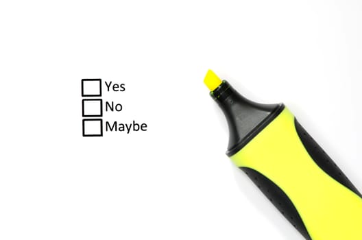 Questionnaire with three boxes and yellow marker.