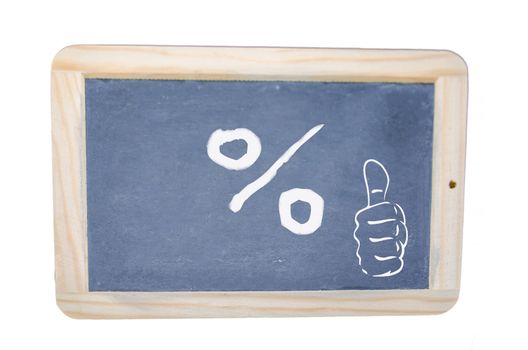 Blackboard with percent sign and thumbs up symbol