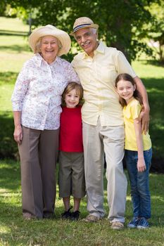 Happy grandparents with their grandchildren at the garden on a sunny day