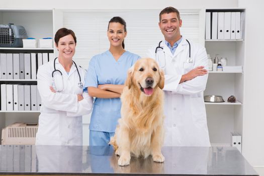 Veterinarian coworker smiling at camera with dog  in medical office 