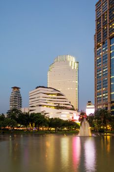 Twilight at Benjasiri Park in Bangkok, Thailand.