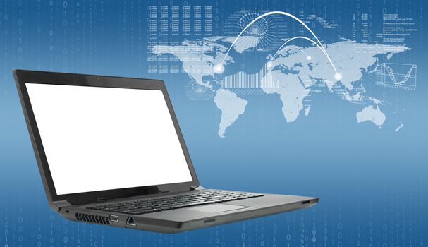 Laptop on abstract blue background with map and hot spots. Virtual world map.