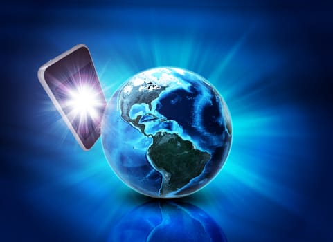 Mobile phone behind earth on abstract blue background. Elements of this image furnished by NASA