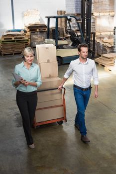 Manager walking with her colleague pulling trolleys in a large warehouse