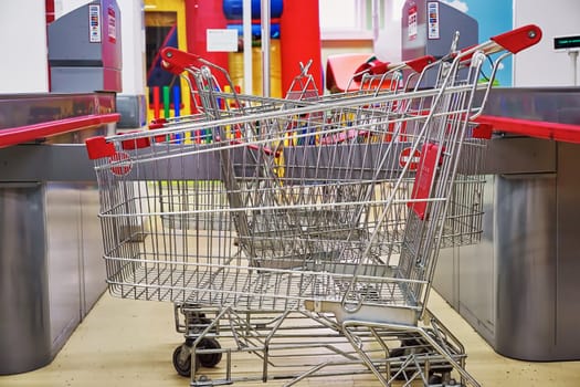 Empty shopping carts in the supermarket