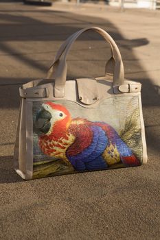 women bag with color print on street