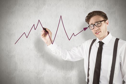 Geeky businessman writing with marker against white background