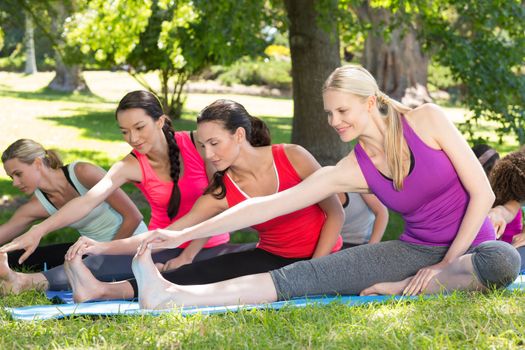 Fitness group doing yoga in park on a sunny day