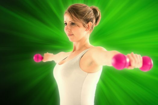 Woman lifting dumbbellls against abstract background
