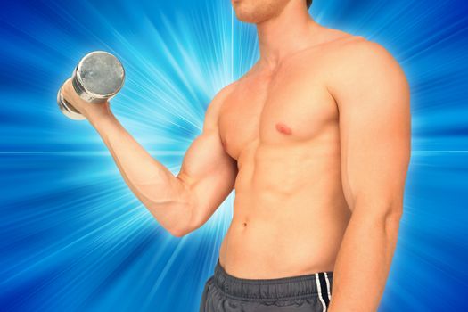 Strong man lifting dumbbell with no shirt on against abstract background