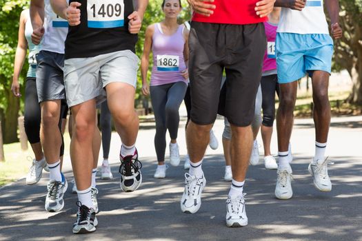 Fit people running race in park on a sunny day