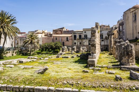 View of the ruins of the ancient greek doric temple of Apollo in Siracusa, Sicilia, Italy