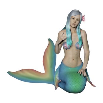 3D digital render of a beautiful fantasy mermaid isolated on white background