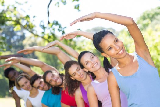 Fitness group doing yoga in park on a sunny day