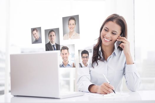 Happy businesswoman using laptop at her desk against profile pictures