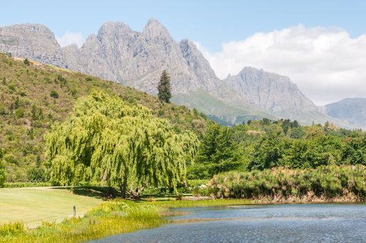 The Hottentots-Holland Mountains towering above a dam near the Jonkershoek Nature Reserve