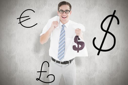 Geeky happy businessman holding bags of money against white background