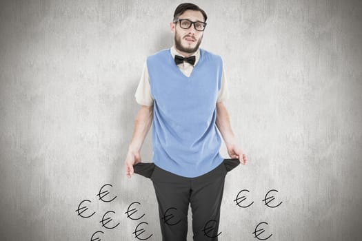 Geeky hipster showing empty pockets against white background