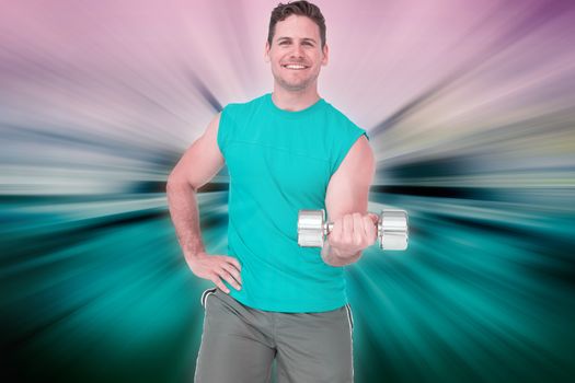 Portrait of a fit man exercising with dumbbell against abstract background
