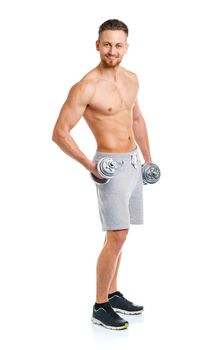 Sport man with dumbbells on the white background