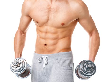 Athletic man with dumbbells on the white background