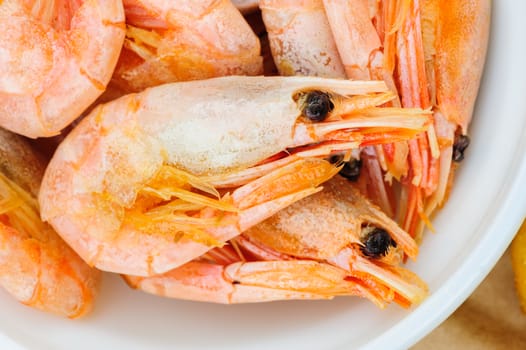 Prepared boiled shrimps macro, extreme close up