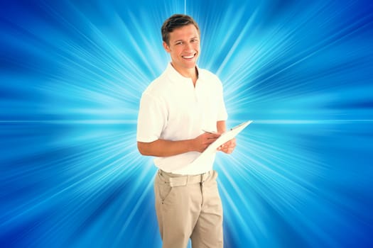 Smiling male trainer with clipboard in gym at hospital against abstract background