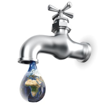 Earth globe in waterdrop dripping from tap