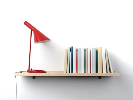 Bookshelf on the white wall with books and red lamp