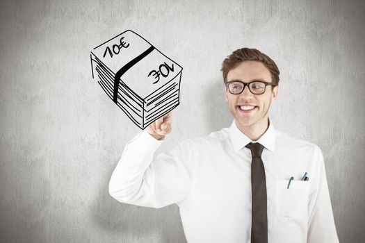 Geeky businessman smiling and pointing against white background