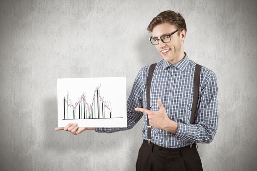 Geeky hipster showing a card against white background