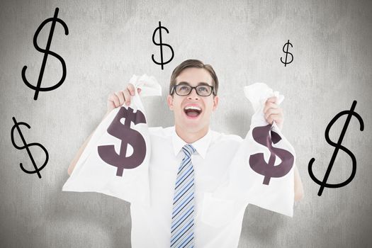 Geeky happy businessman holding bags of money against white background