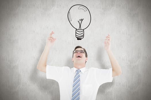 Geeky happy businessman with arms up against white background