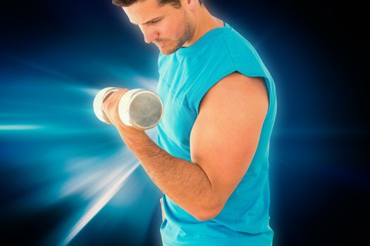 Sporty young man with dumbbell in gym against abstract background