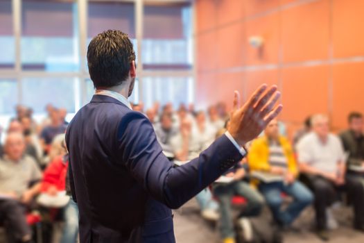 Speaker at Business Conference with Public Presentations. Audience at the conference hall. Entrepreneurship club. Rear view. Horisontal composition. Background blur.