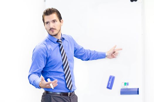 Business man making a presentation in front of whiteboard. Copy space.