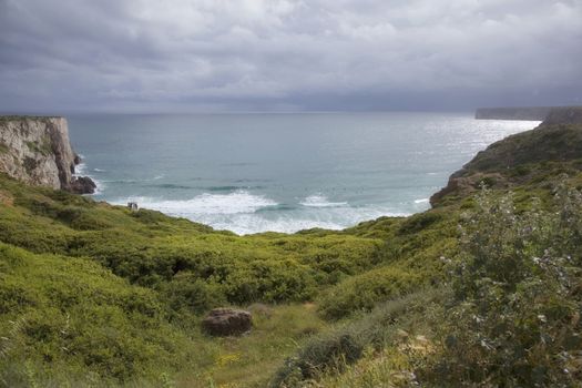 Portugal Vicentin coast landscape. Stormy day beautiful colors 